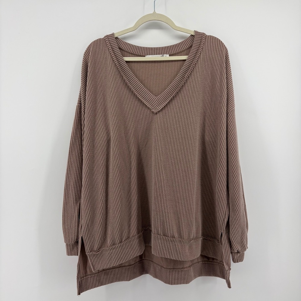 Altar'd State Womens XL Brown V-Neck Ribbed Knit Sweater Pullover Relaxed Fit